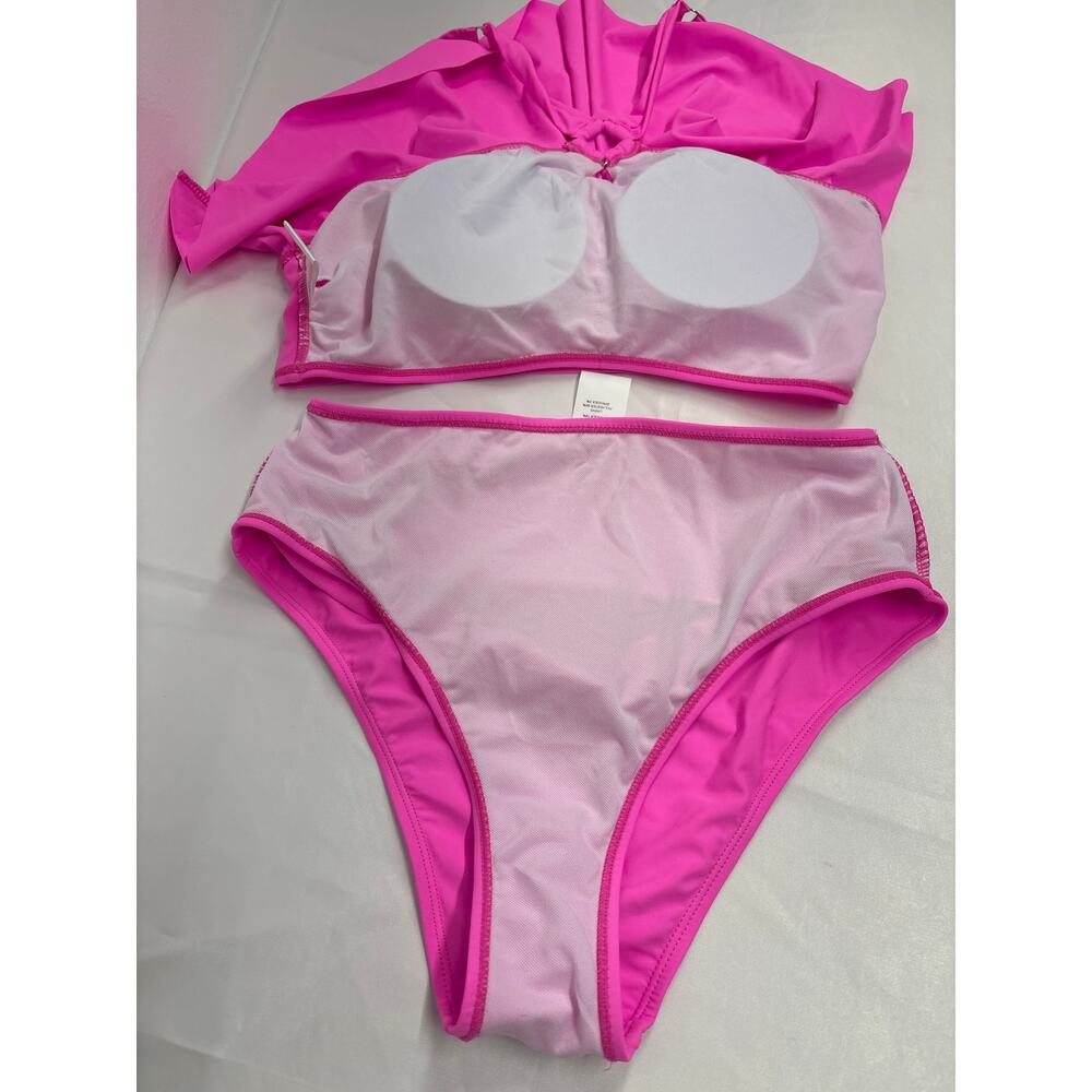 NEW Women’s pink two piece swimsuit bikini set Sz Large high cut leg ruffle trim - Picture 7 of 8